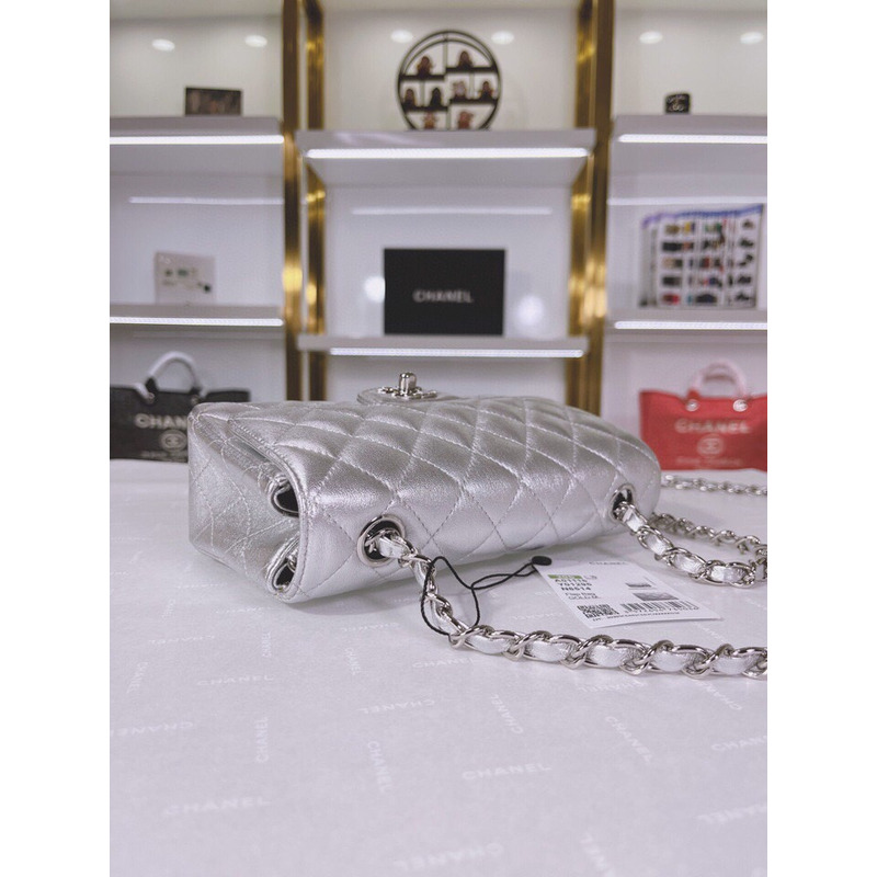 Ch*el metallic lambskin quilted mini rectangular flap silver
