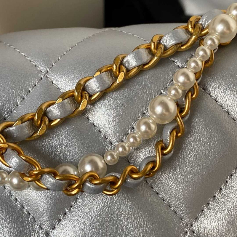 Ch*el mini flap bag shiny lambskin, imitation pearls & gold-tone metal silver