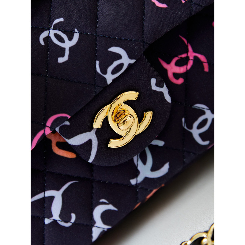 Ch*el classic 11.12 bag style printed fabric & gold-tone metal black and multicolor