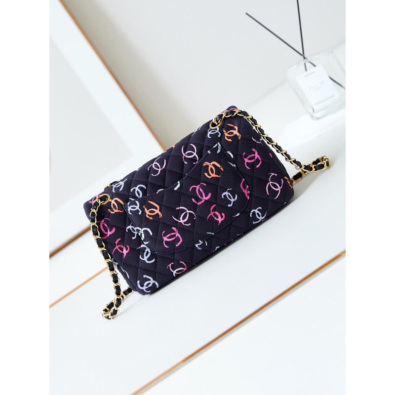 Ch*el classic 11.12 bag style printed fabric & gold-tone metal black and multicolor