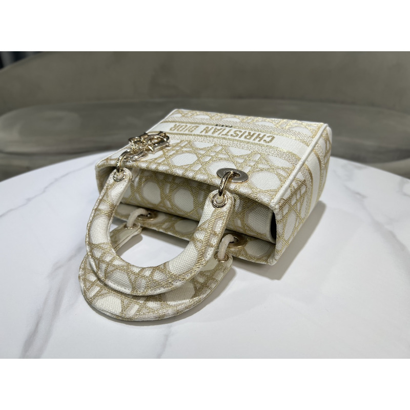 D*or medium lady d-lite bag  white and gold-tone macrocannage embroidery