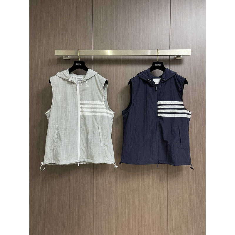 Thom Browne 4-Bar Striped Zipped Ripstop Hooded Gilet Blue