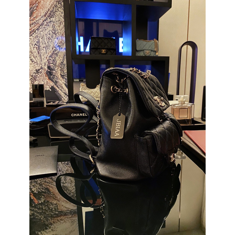 Ch*el caviar quilted & gold-tone metal backpack black