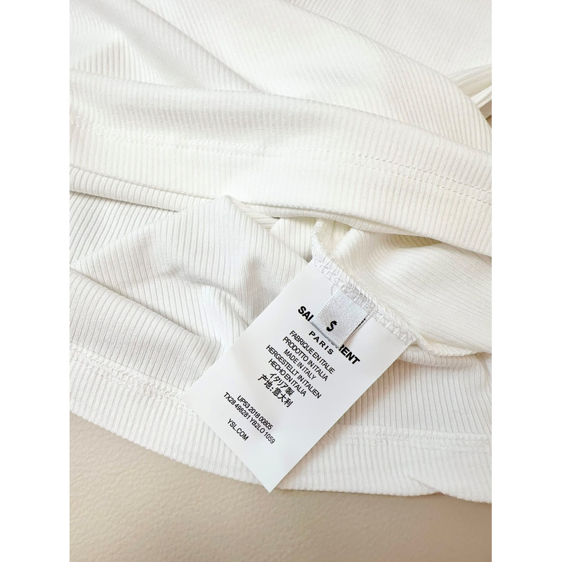 Saint Laurent Printed Logo Slim-Fit Long Sleeve T-shirt in Cotton White