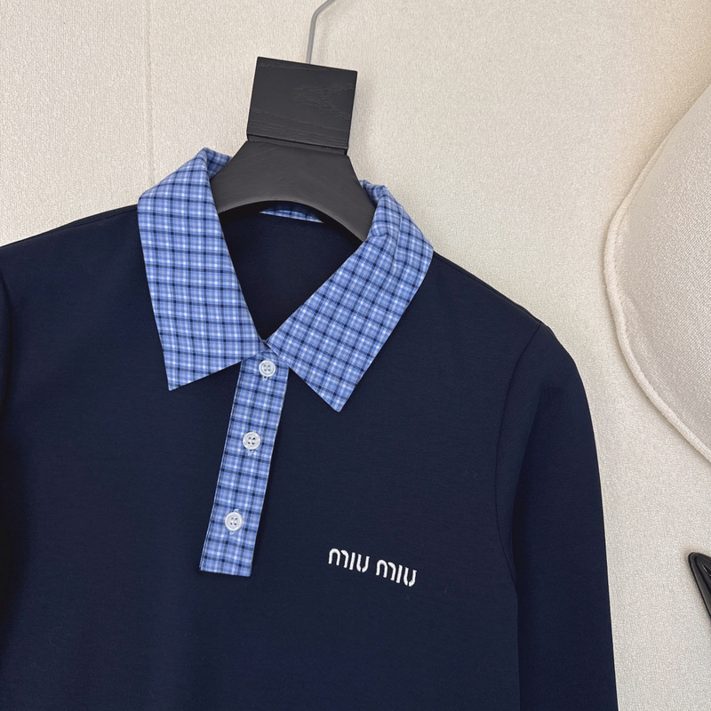 Miu Miu Logo Long-Sleeved Polo Shirt And Pleated Skirt Suit Blue