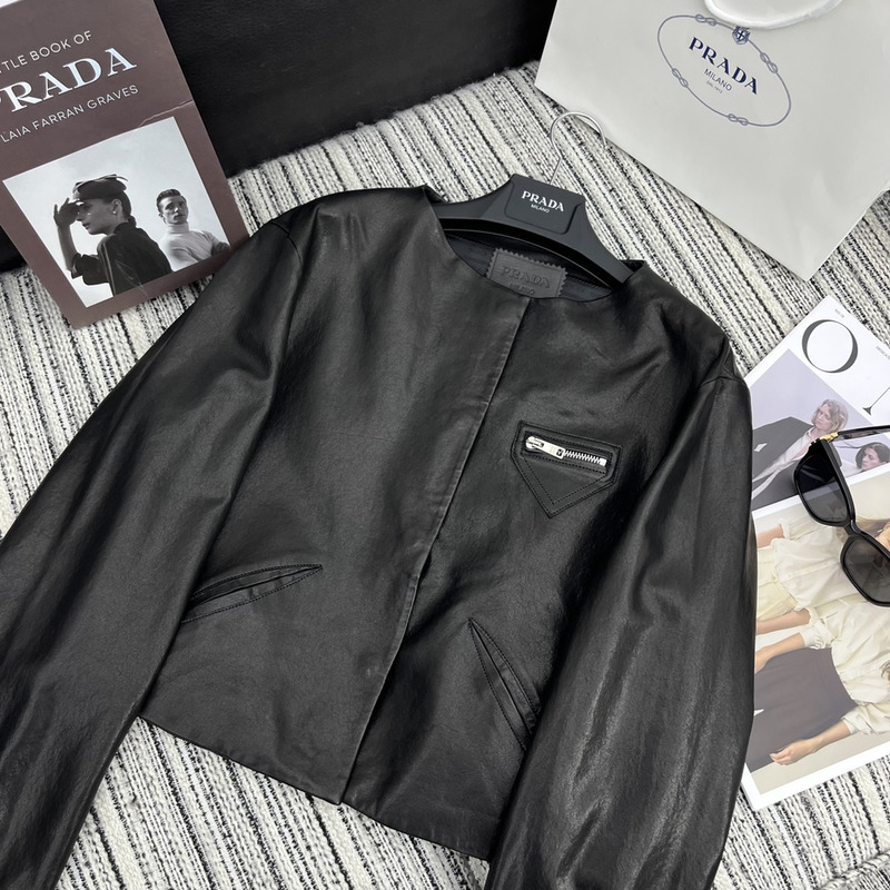 Pra*a collarless leather jacket black