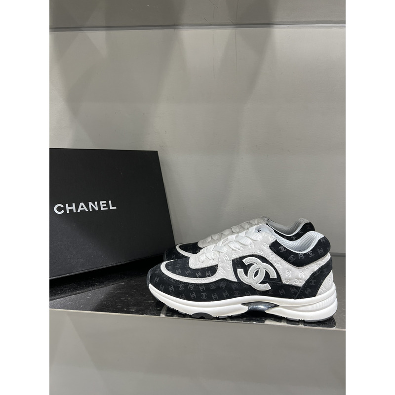 Ch*el  nylon suede calfskin printed cc sneakers white black