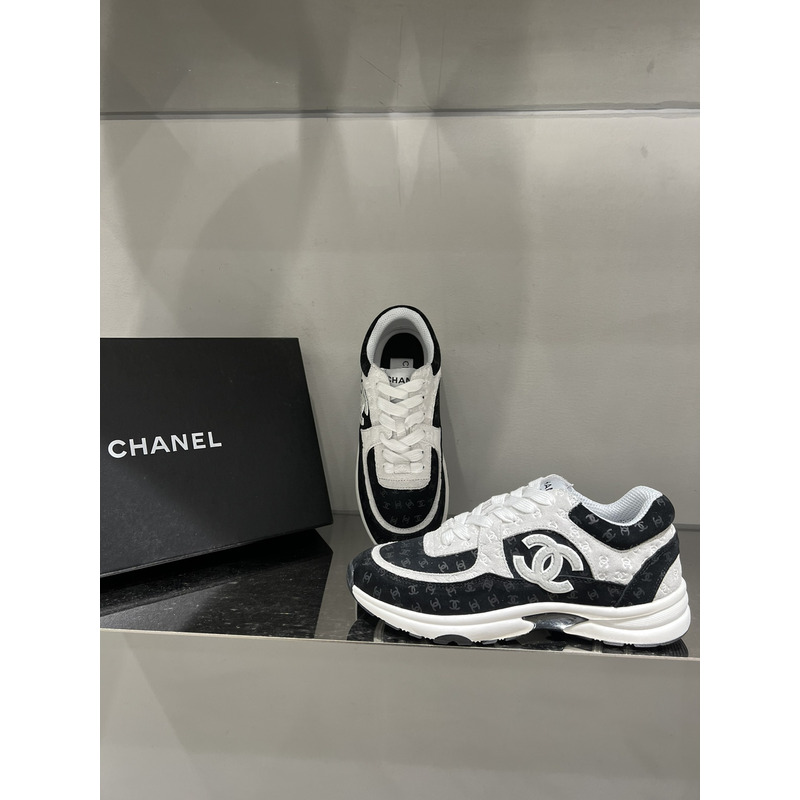 Ch*el  nylon suede calfskin printed cc sneakers white black