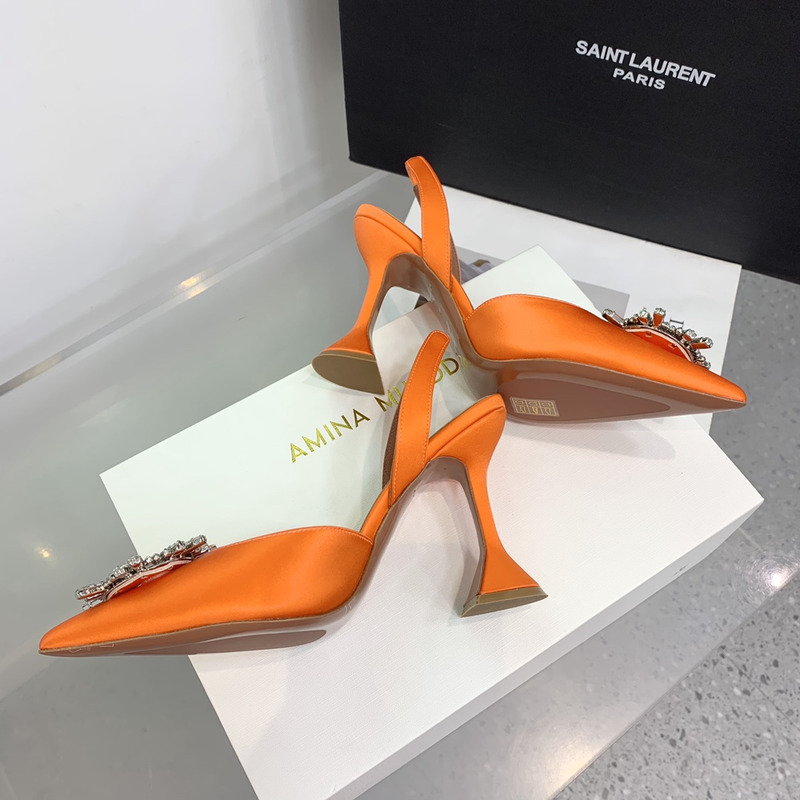 Amina Muaddi Begum Crystal Satin Slingback Pumps Orange