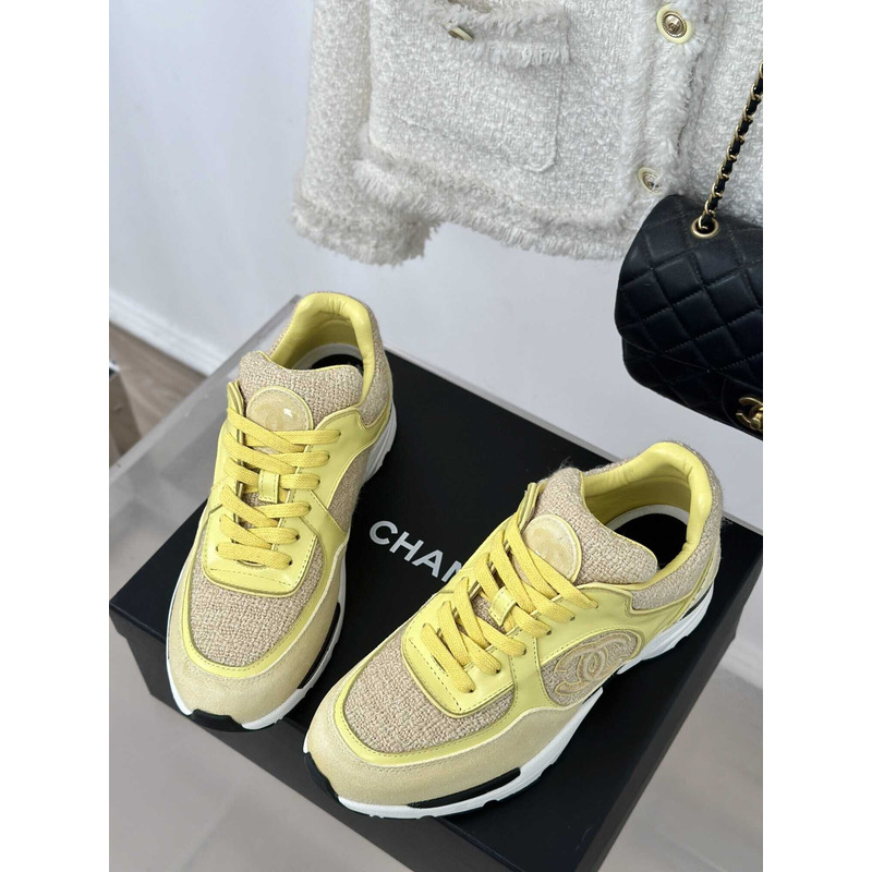 Ch*el wool tweed calfskin & suede calfskin sneaker light yellow & yellow
