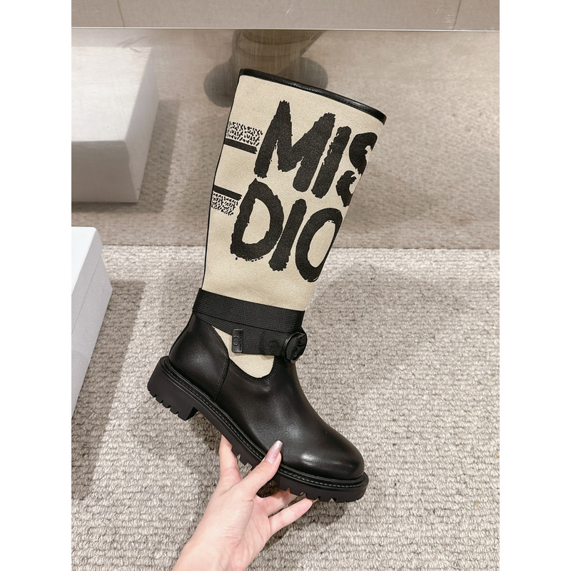 D*or d-major boot warm taupe technical canvas with black miss D*or graffiti print and black calfskin