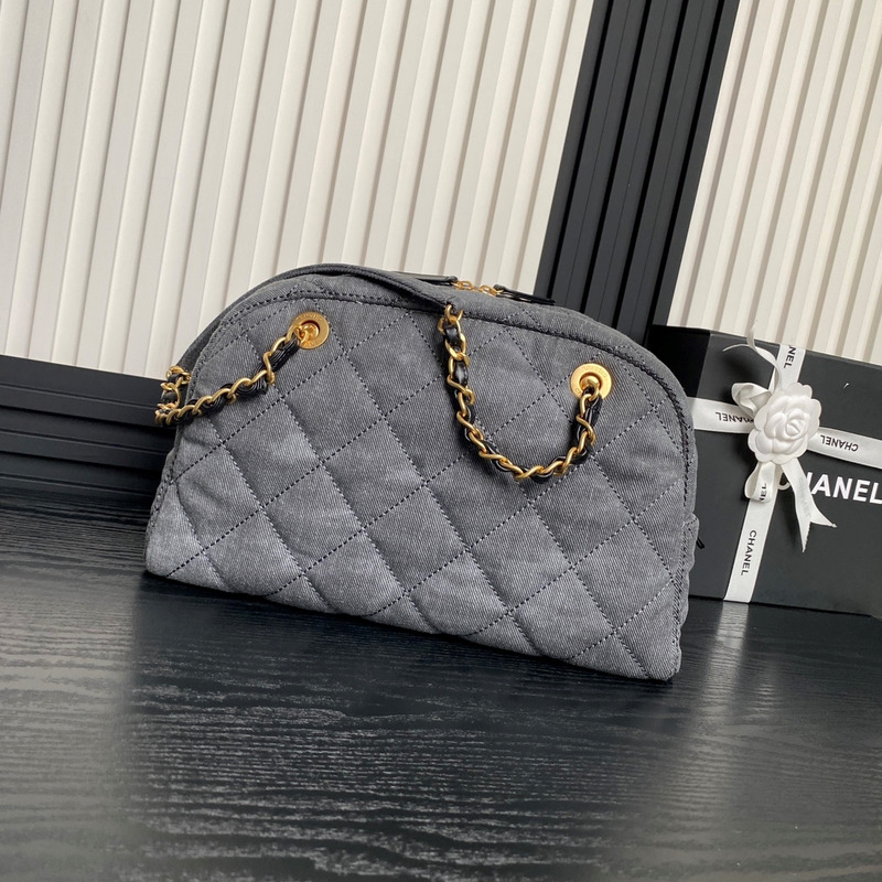 Ch*el large bowling bag denim & gold-tone metal grey