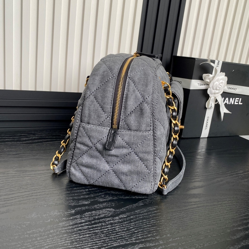 Ch*el large bowling bag denim & gold-tone metal grey