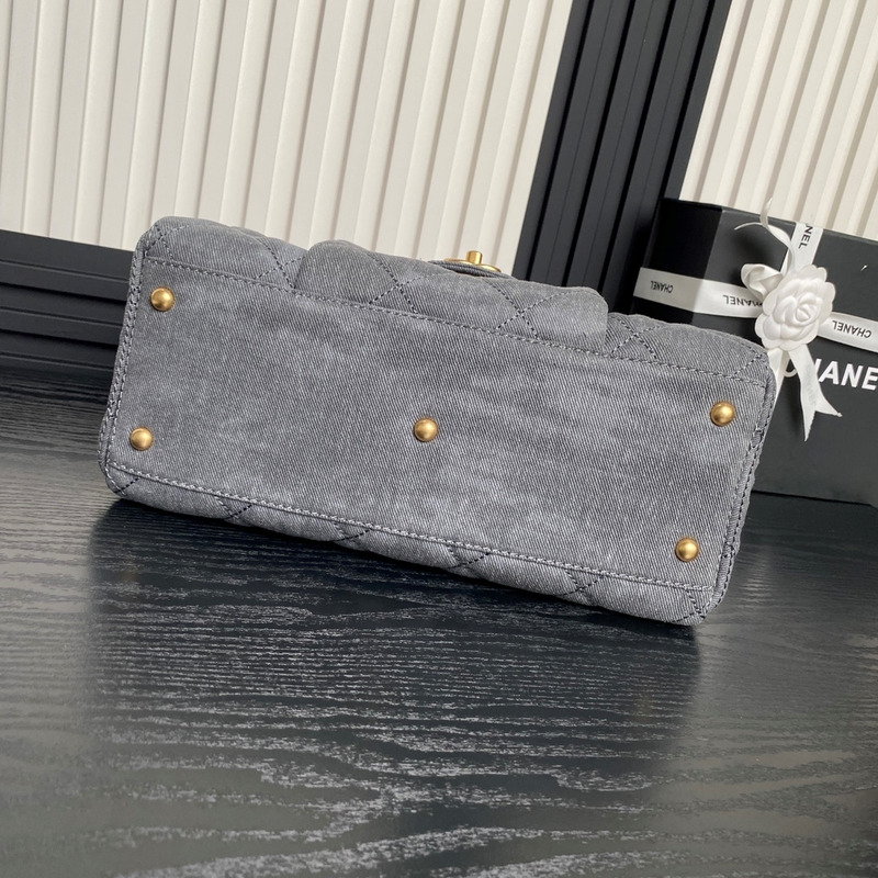 Ch*el large bowling bag denim & gold-tone metal grey