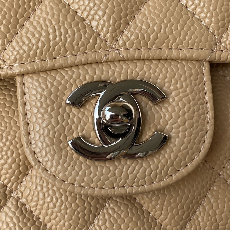 Ch*el medium caviar silver classic flap bag beige