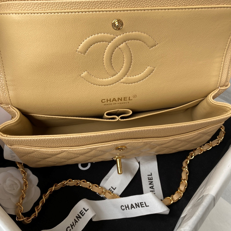 Ch*el medium caviar gold classic flap bag beige