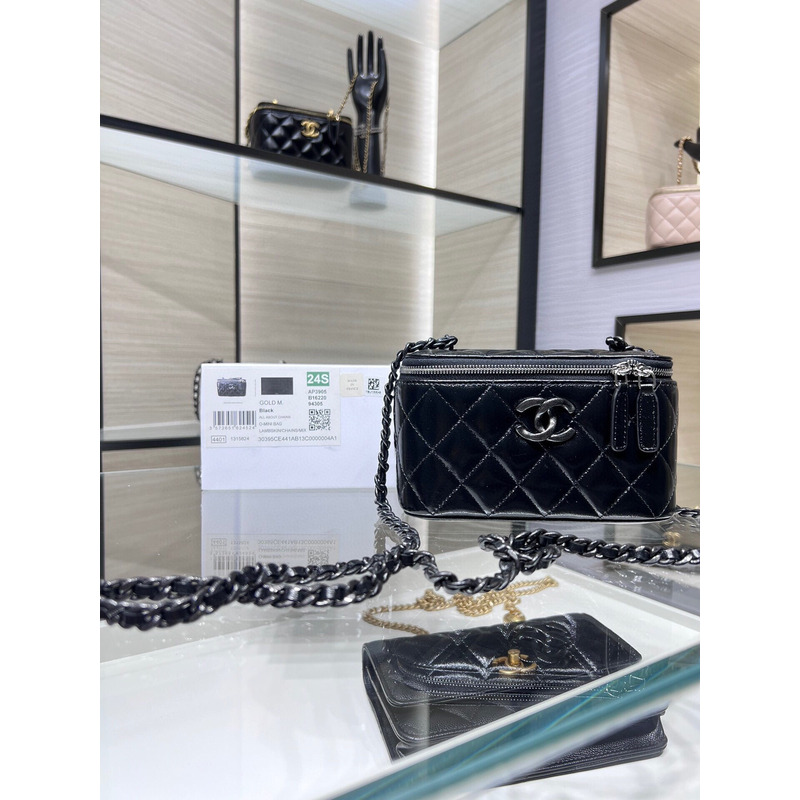 Ch*el shiny crumpled calfskin quilted crystal top handle vanity case with chain black
