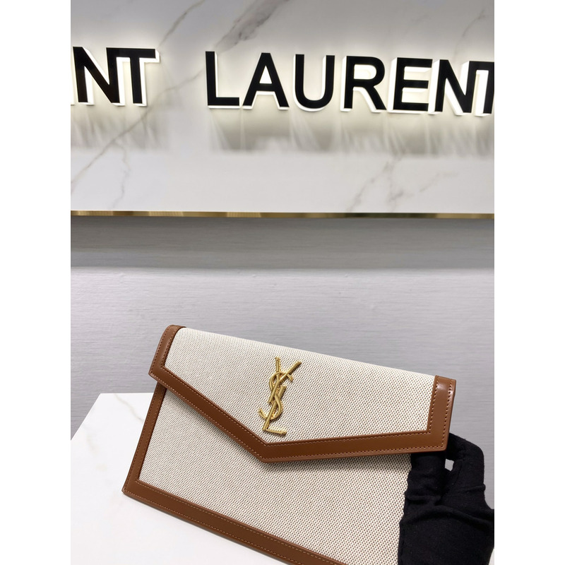 Saint Laurent Uptown Leather-trimmed Canvas Pouch Beige