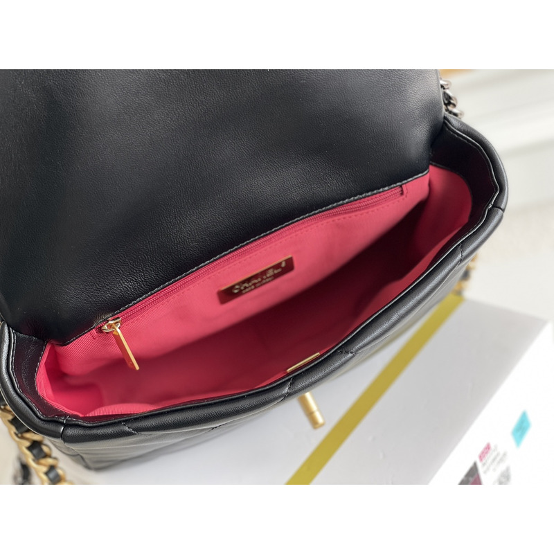 Ch*el 19 handbag shiny lambskin gold-tone black