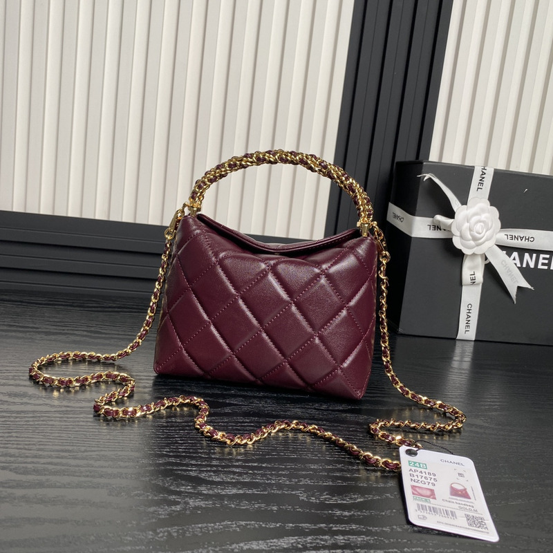 Ch*el clutch with chain shiny lambskin & gold-tone metal burgundy