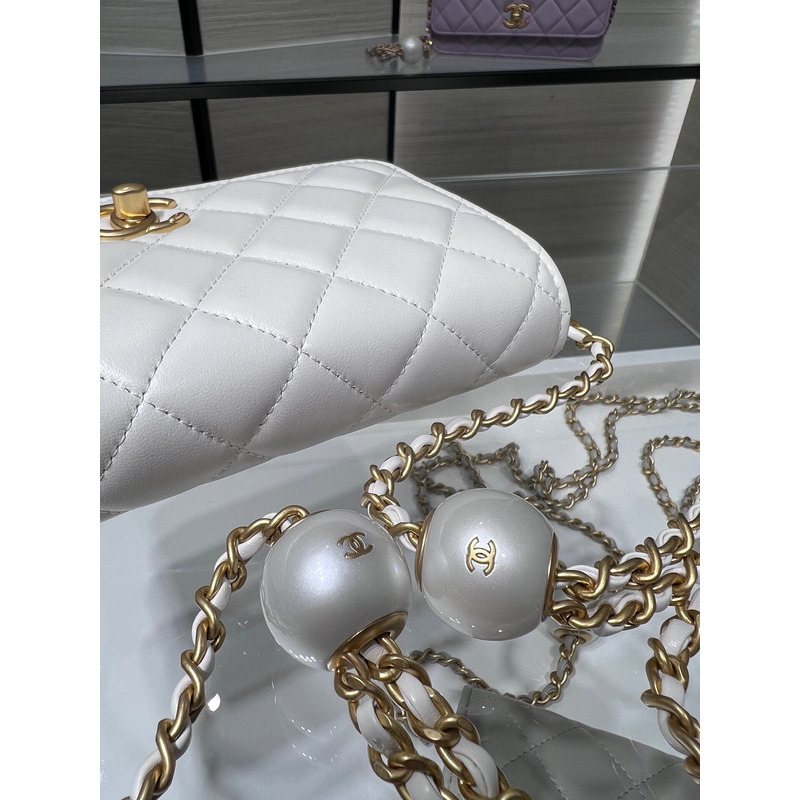 Ch*el lambskin, imitation pearls & gold metal in white