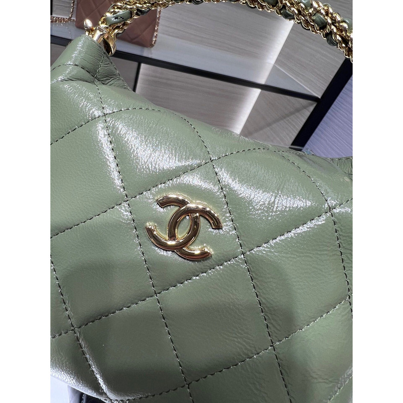 Ch*el rotating handle chain lunch box bag oil wax leather in green