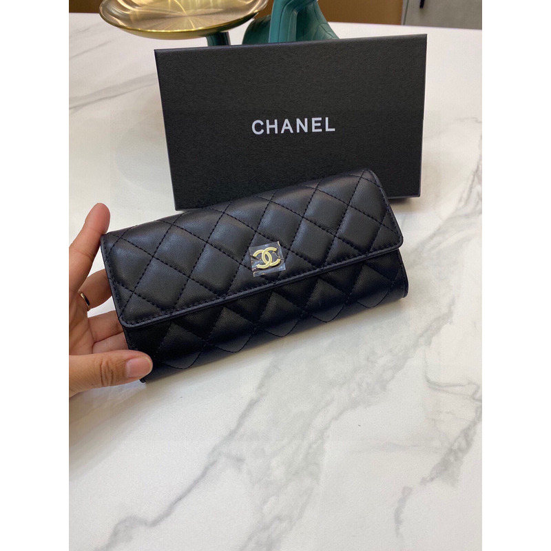 Ch*el quilted leather long wallet black