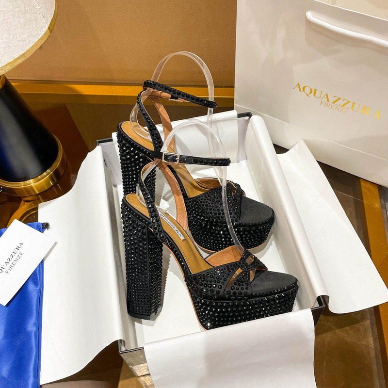 Aquazzura Sinner Crystal Plateau Satin Sandals Black