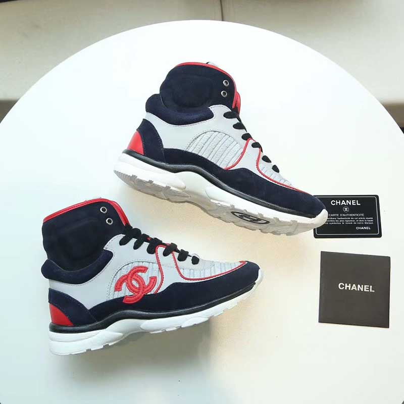 Ch*el red logo satin high top sneakers in grey