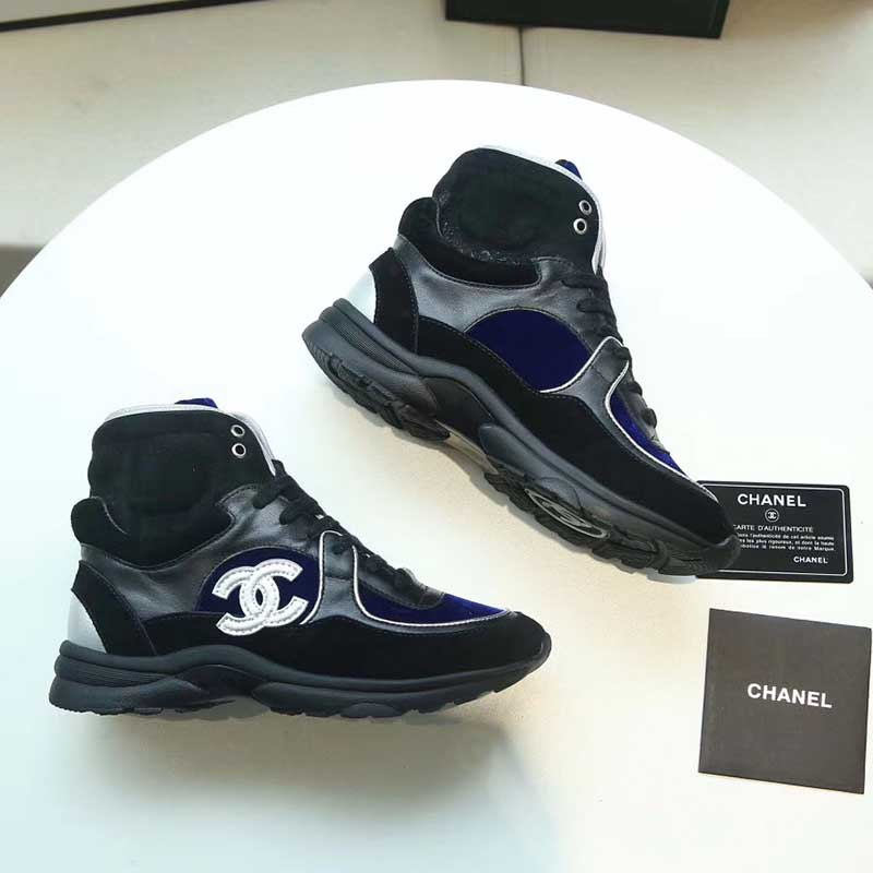 Ch*el white logo satin high top sneakers in black & blue