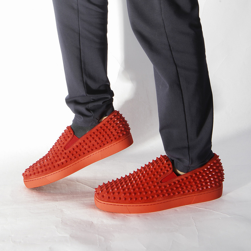 Ch**an louboutin limited version roller-boat spikes men''s flat in red suede