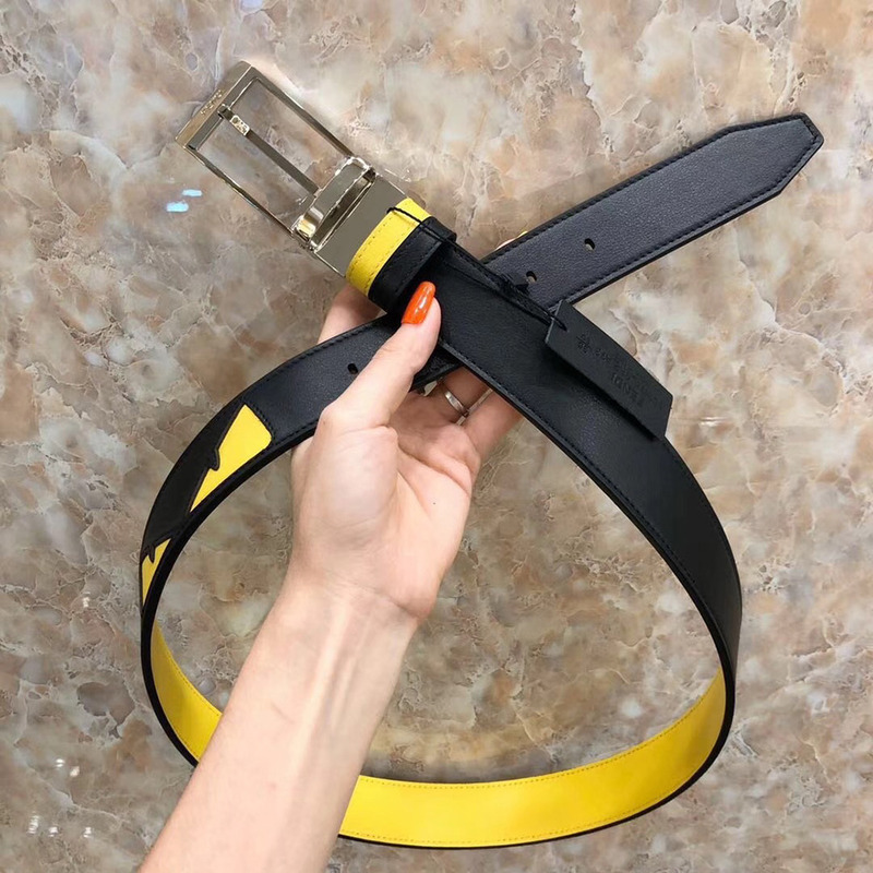 F**di black and yellow leather belt with bag bugs eyes