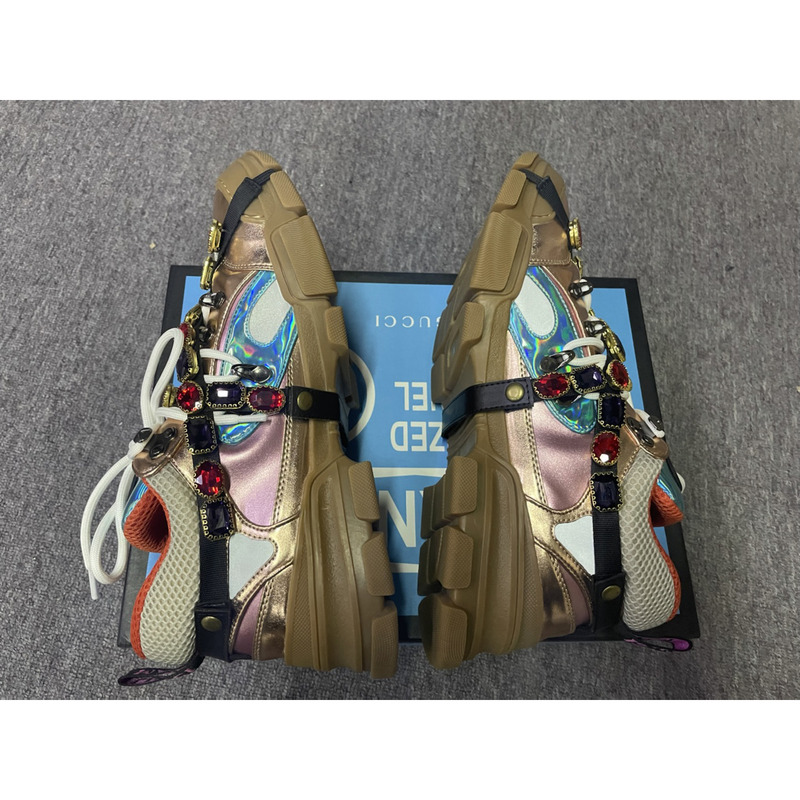 G*u*i flashtrek sneaker with removable crystals(brown and red leather)